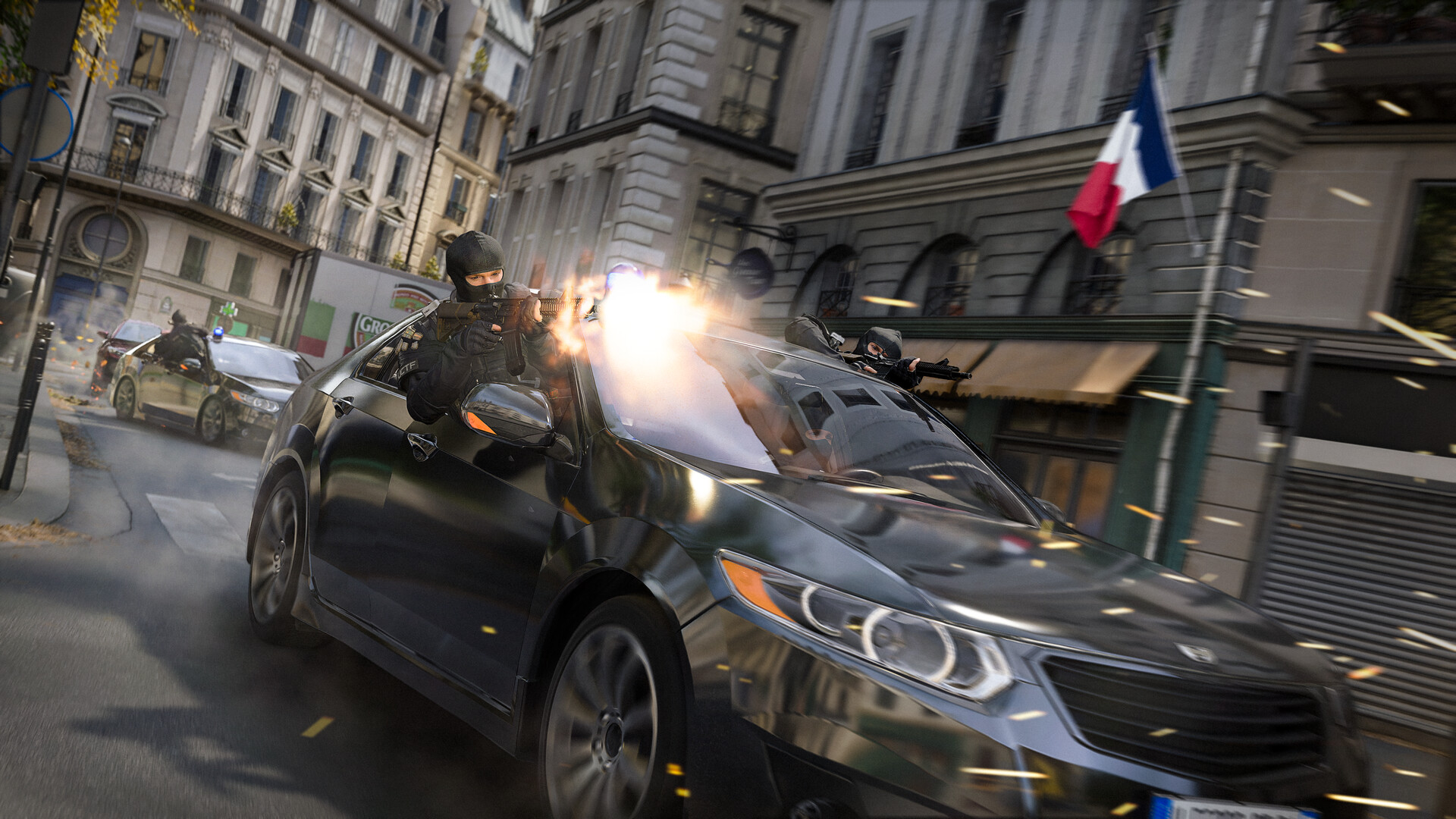 The Paris chase, per the official store gallery. Official screenshot, Activision. Operators shooting from a moving car through Paris streets, a French flag overhead