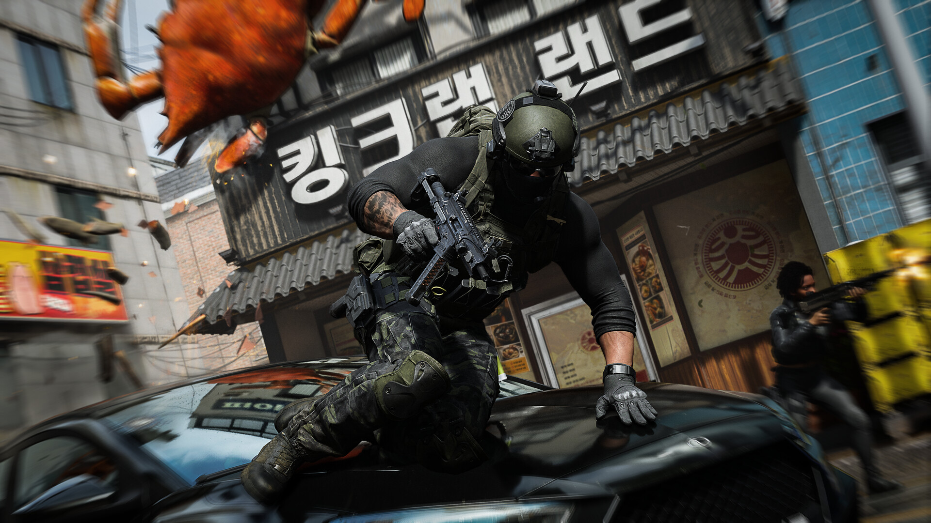 Street combat on a Korean shopping street; it strongly resembles Silkworm. Official screenshot, Activision. Operator vaulting a car on a Korean shopping street, crab restaurant sign overhead