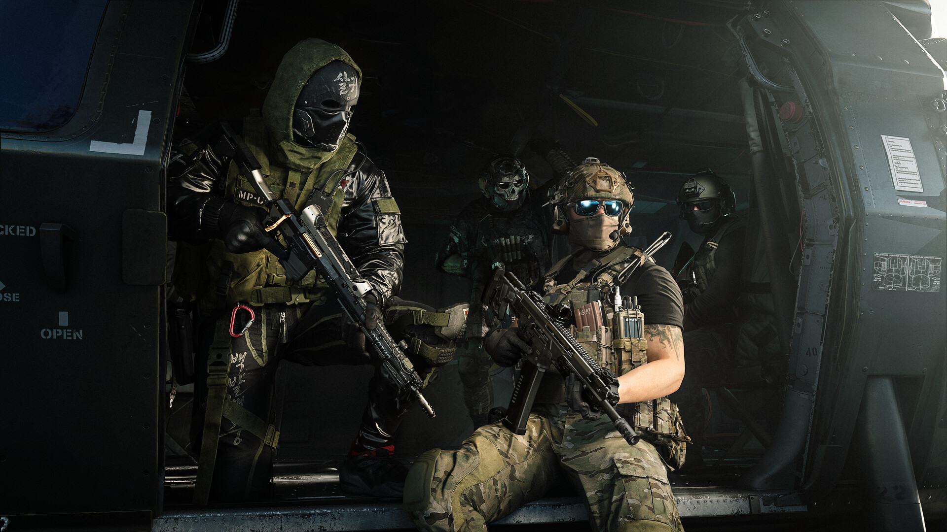 Operators stage in a helicopter; the skull mask at the back is Ghost. Official screenshot, Activision. Operators with skull masks staging inside a helicopter