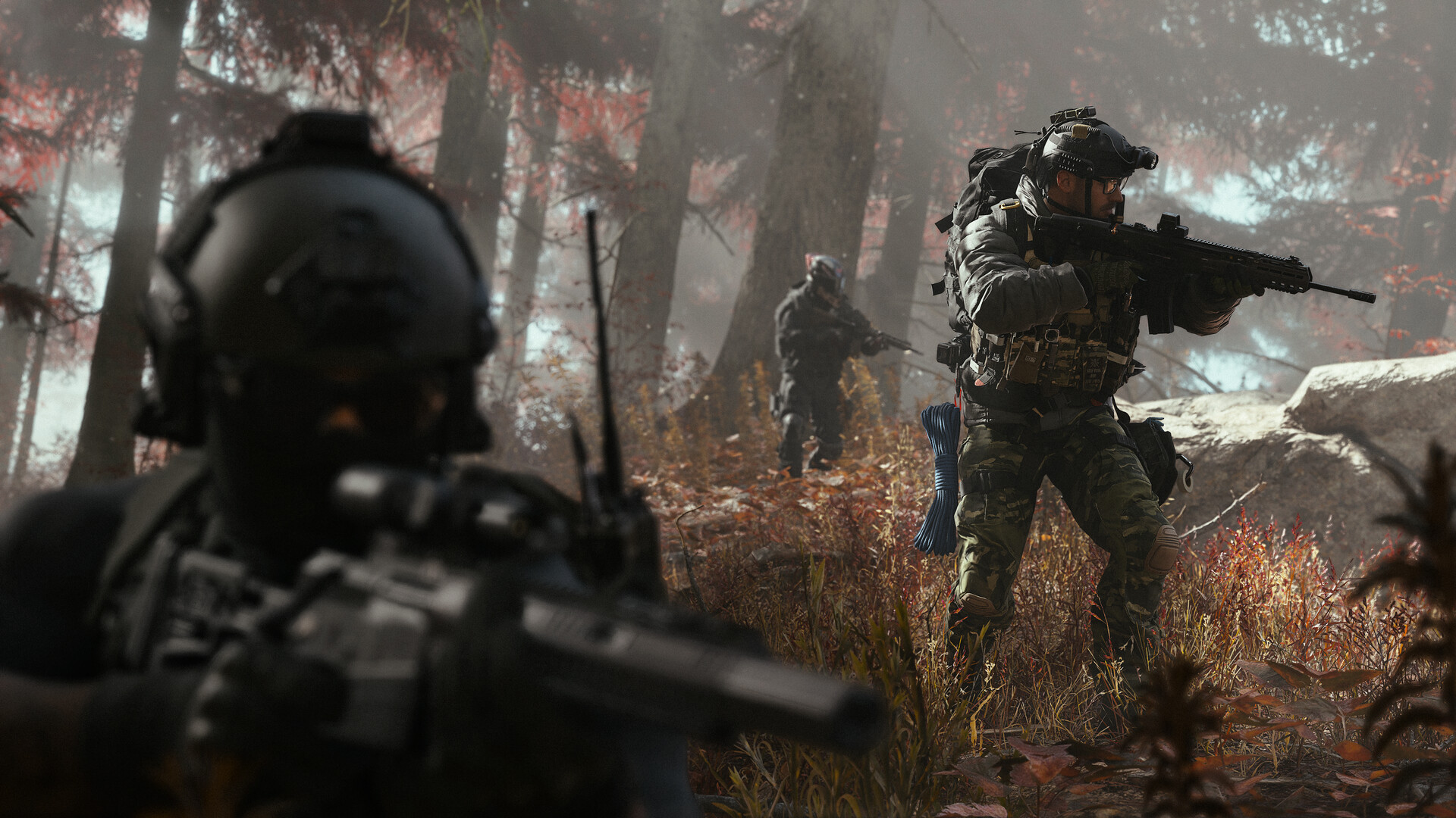 Fireteam infiltrating through foggy autumn woodland, rifles ready